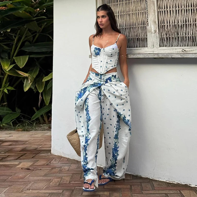 Printed Fishbone Top And Pleated Pants Two Piece Set For Women