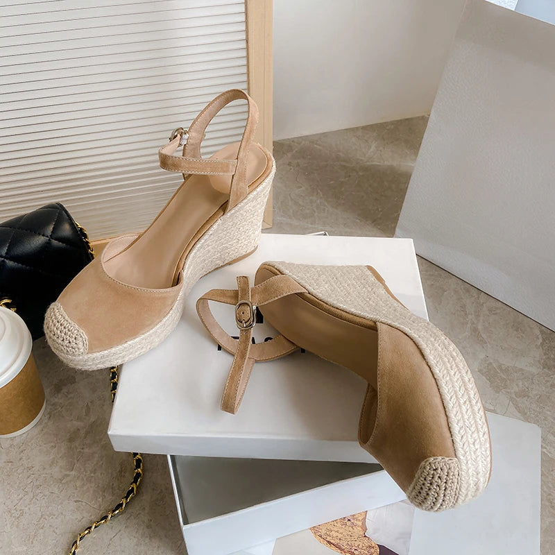 Elegant Apricot Suede Wedge Platform Sandals for Women