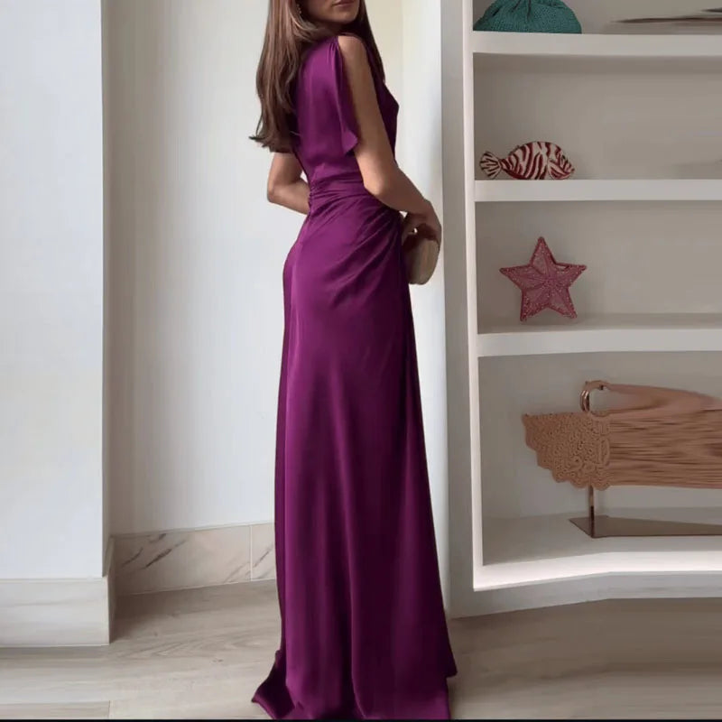 Women Fashion Hight Waist Solid Long Dress 2025 Summer Casual Draped Slim Party Dress Elegant O-neck Short Sleeve Evening Dress