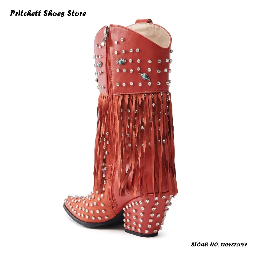 Crystal Embellished Fringe Pointed Toe Leather Wedge Boots for Women