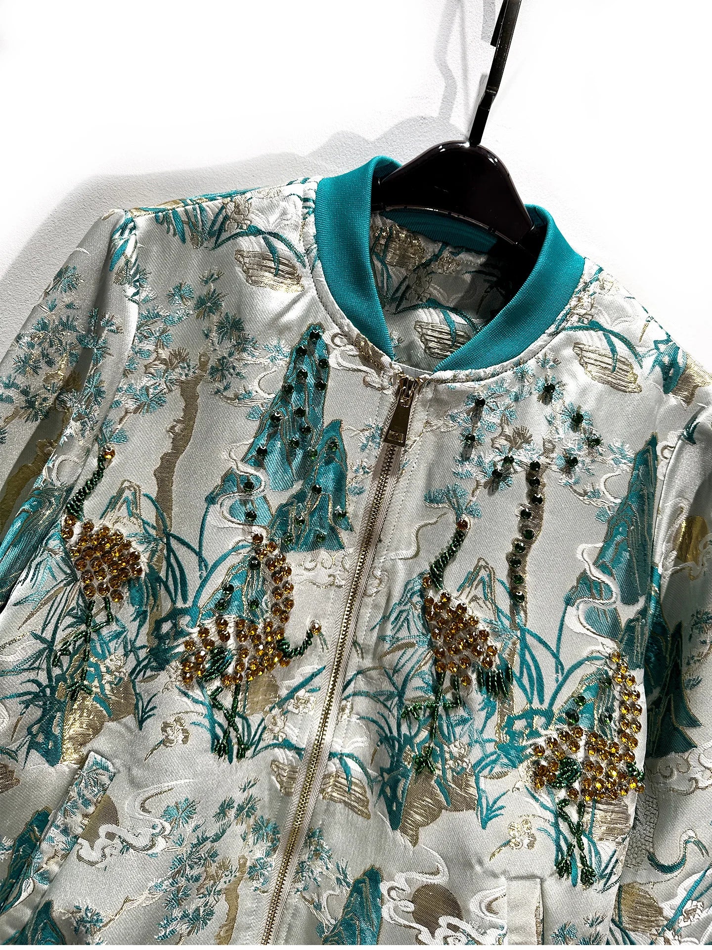 High-End Retro Baseball Jacket Women Short Coat Autumn New Heavy Beading Gold Stamping Jacquard Long Sleeve Elegant Jacket Top