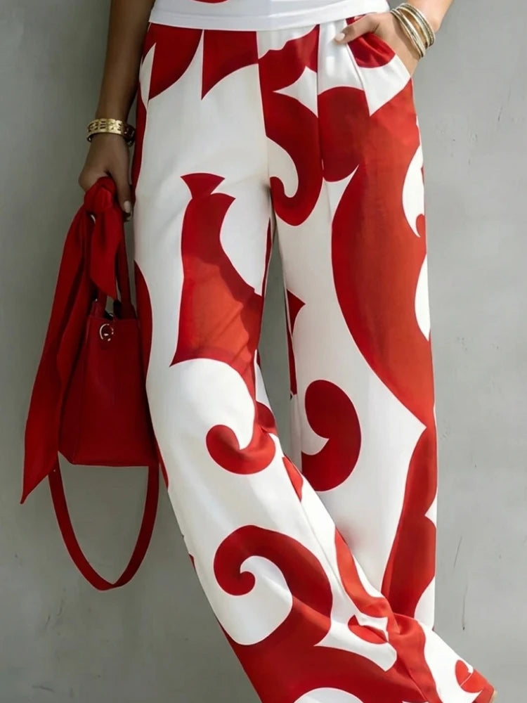 Bonboho Women's Boho Red White Abstract Swirl Print Pants High Waisted Pleated Wide Leg Trousers 2026 Vacation Outfit for Summer