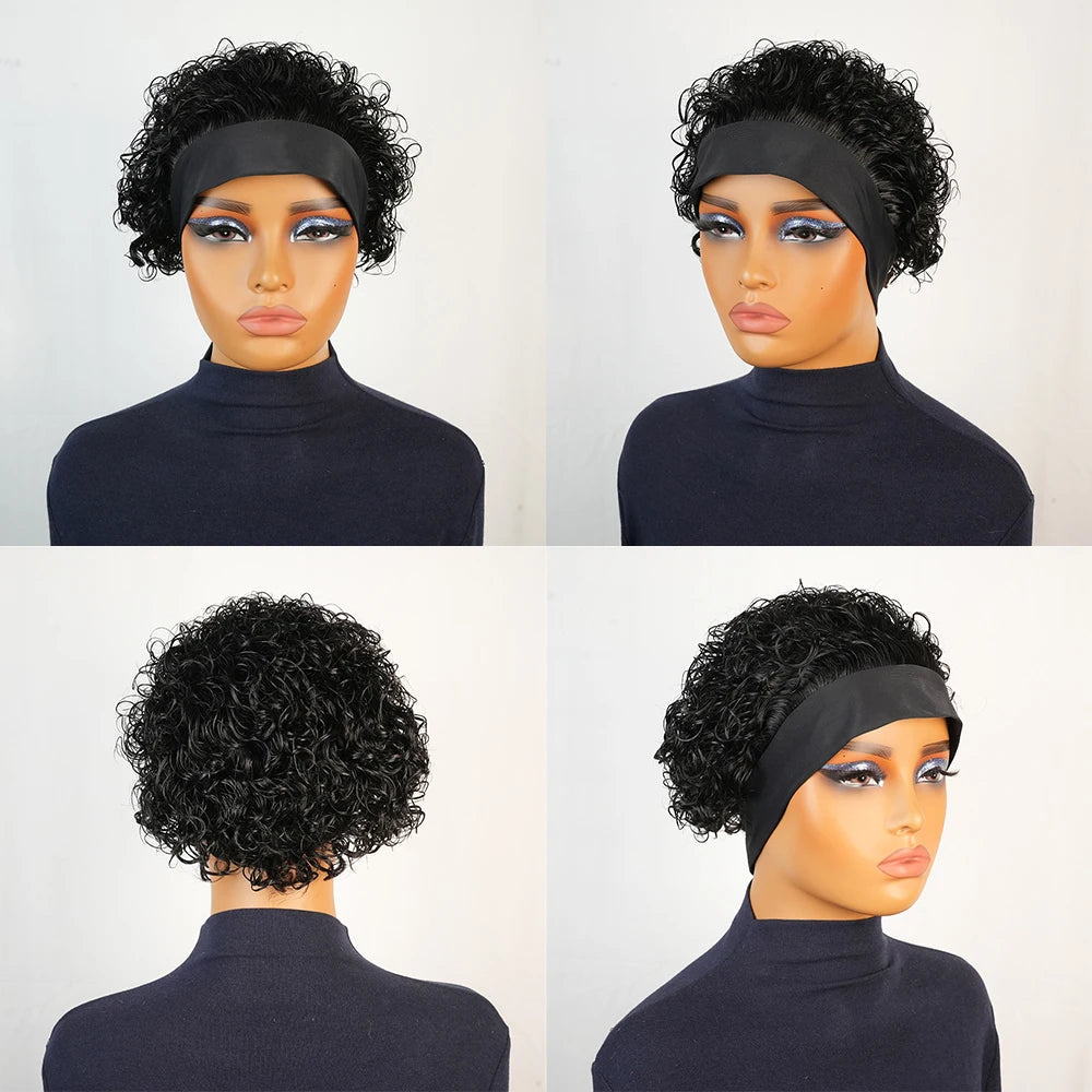 Headband Short Curly Pixie Cut Human Hair Wig for Women