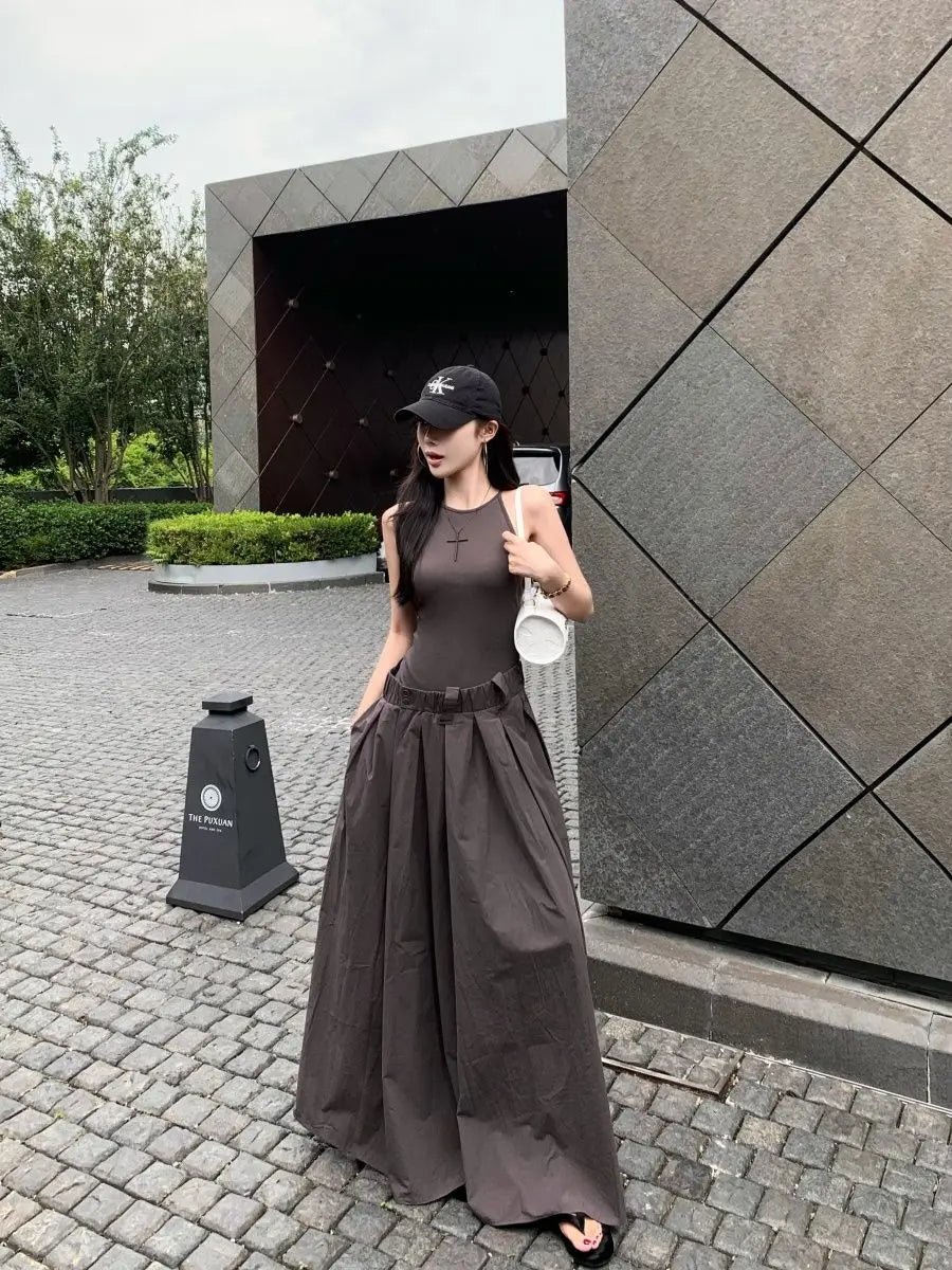 Gray High Waist Button Placket Midi Dress For Women