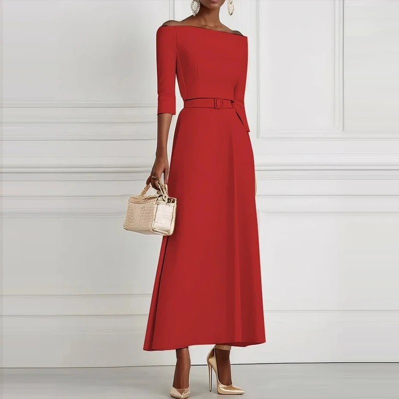 Women Sexy Off Shoulder Half Sleeve Party Dress Elegant Temperament Waist Solid Long Dress Fashion Draped Belt Tie-Up Maxi Dress