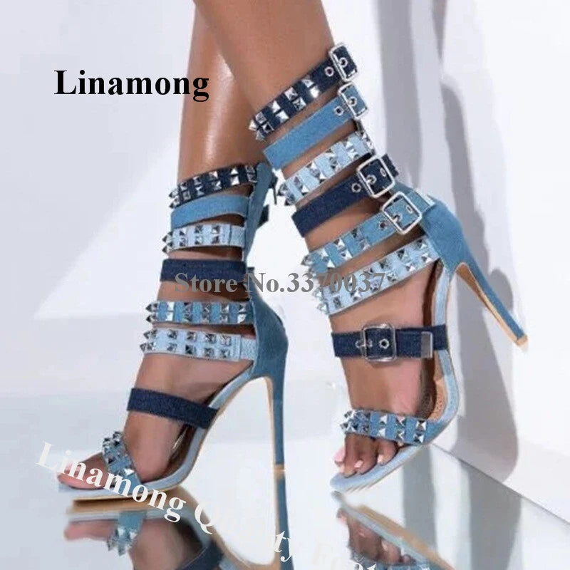 Metal Rivet Denim Patchwork Gladiator Stiletto Heels For Women