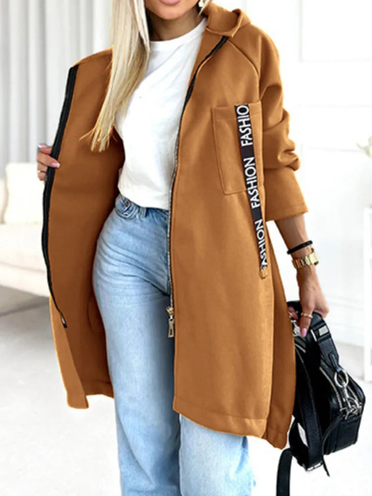 Autumn Winter Pockets Spliced Zipper Coat New Thick Warm Solid Color Women's Jacket Hooded Sports Long Sleeved Lady Outerwear