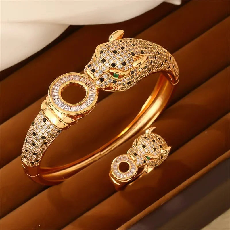 Leopard Pave Bracelet and Ring Jewelry Set for Women