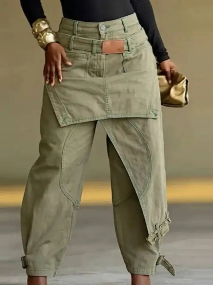 High Waist Apron Panel Jogger Jeans
