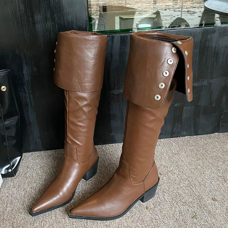 Modern Ladies Knee High Boots With Heels Shoes Female Slip On Footwear Fashion Pointed Toe Women Long Boots Pumps Shoes lady