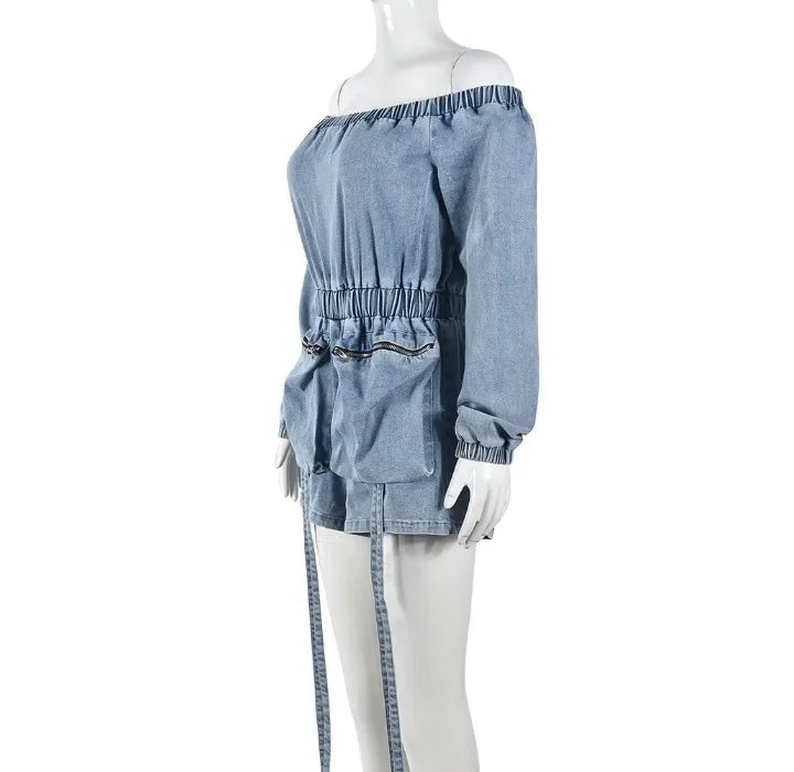 Denim Jumpsuit Womens Clothing Pocket Sexy  Chest Hugging Elastic Waist Long Sleeves Conjoined Body Shorts for Female Streetwear