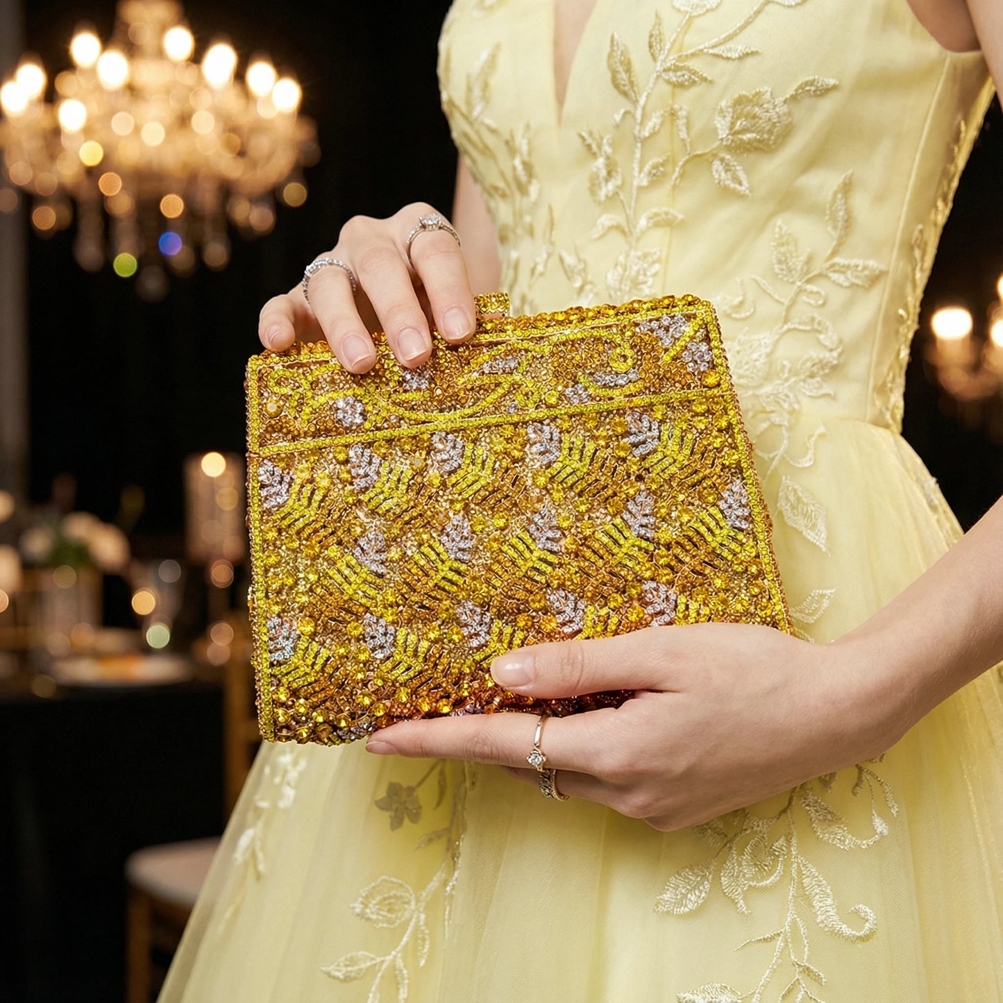 Metallic Leaf Diamond Evening Bag With Rhinestone Accents for Women