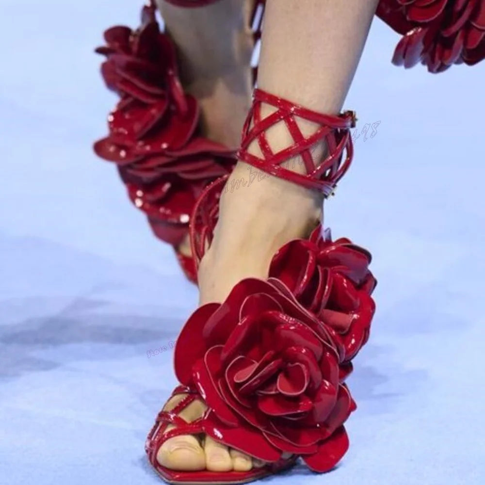Red Flower Decor Open Toe Sandals With Back Strap For Women