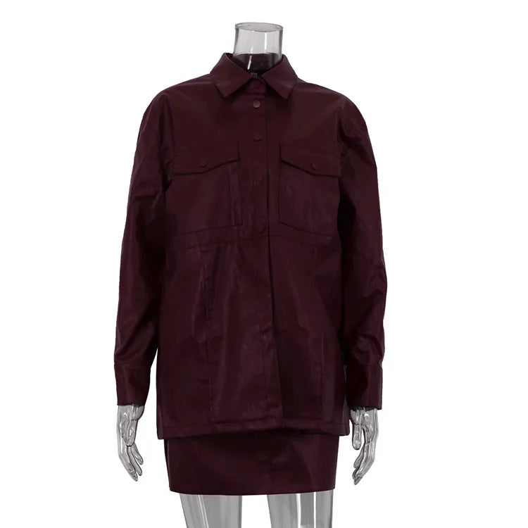 Faux Leather Two Piece Dress Coat Set