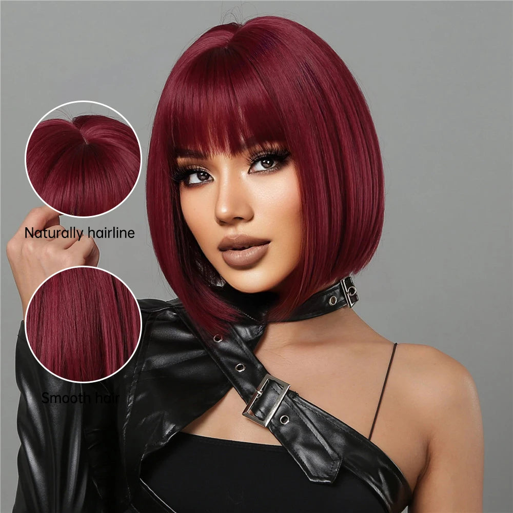 Heat Resistant Wine Red Bob Wig With Thick Bangs for Women