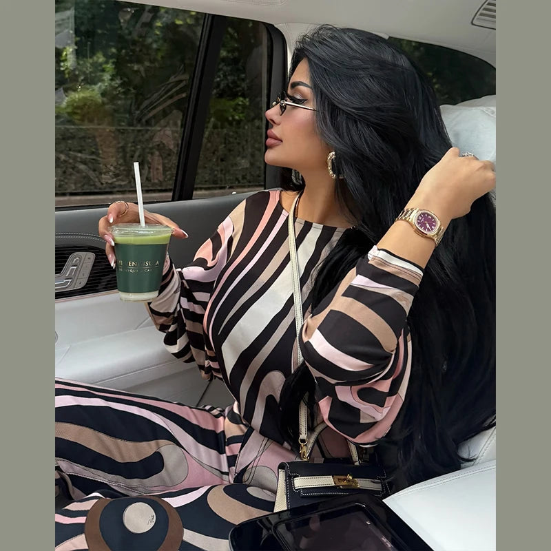 Geometric Print Top pant suits Women two pieces set round neck long sleeve Blouse loose pant Vacation Beach vacation pant outfit