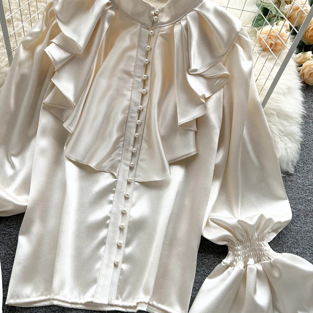 Elegant Satin Ruffle Long Sleeve Blouse for Women