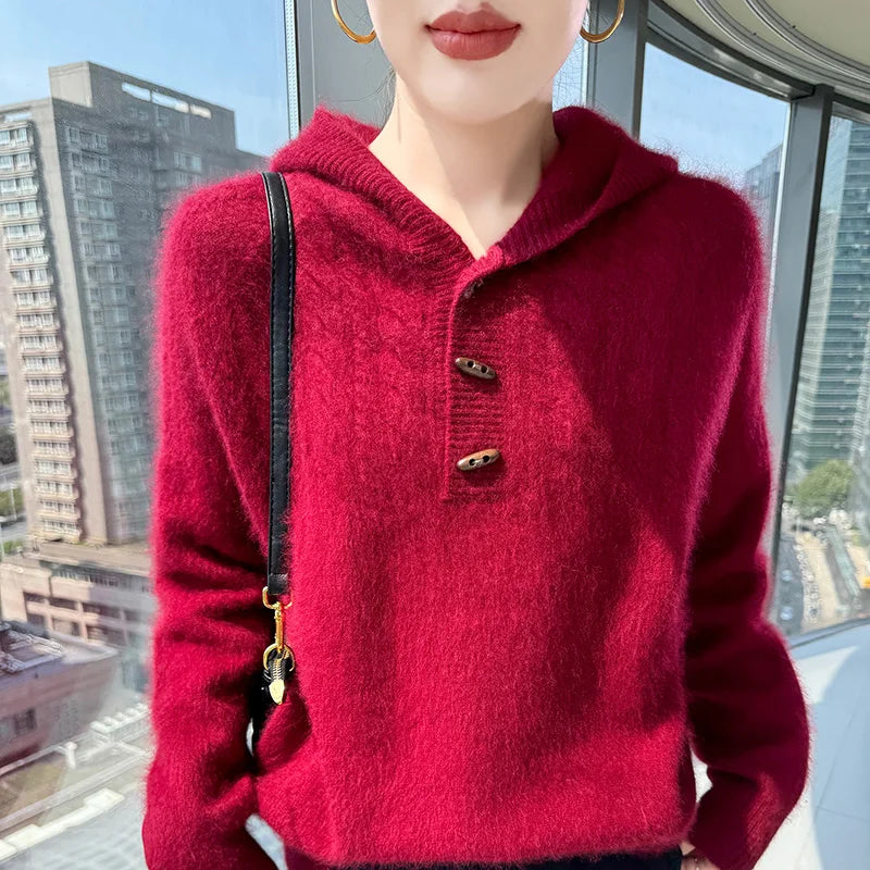 Chunky Knit Loose Hooded Pullover Sweater for Women