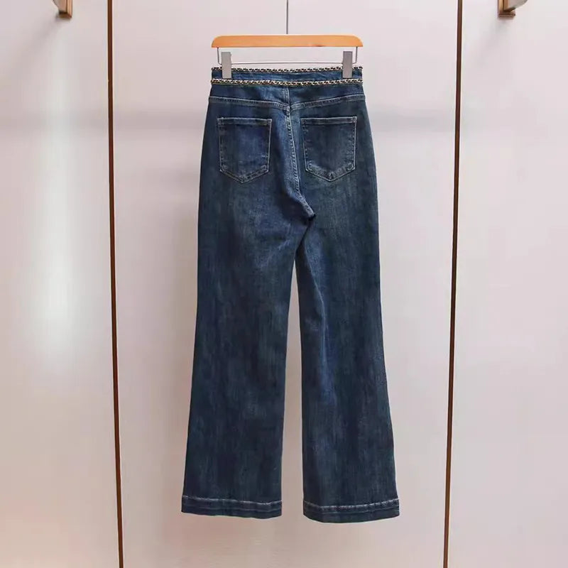 ANJY Autumn Women American Style Vintage High-End Chain Design Slimming Straight Jeans Ins Trend Versatile Wide-Leg Pants A10635
