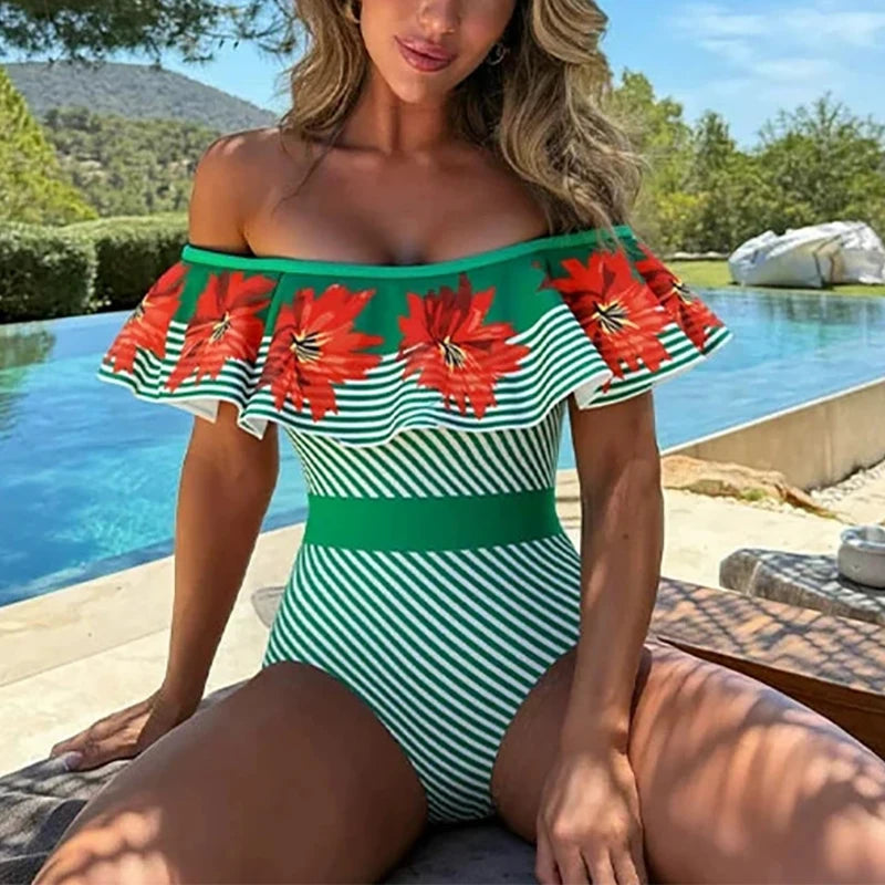 Striped Off Shoulder Bikini Set with High Waist Skirt for Women