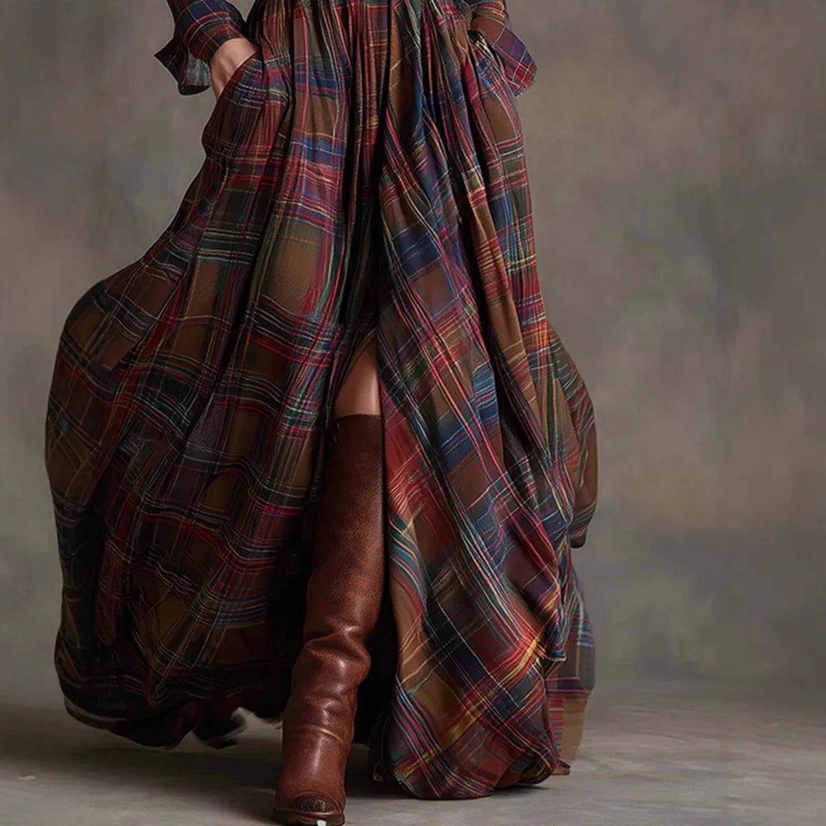 Plaid Button Front Pocket Maxi Dress