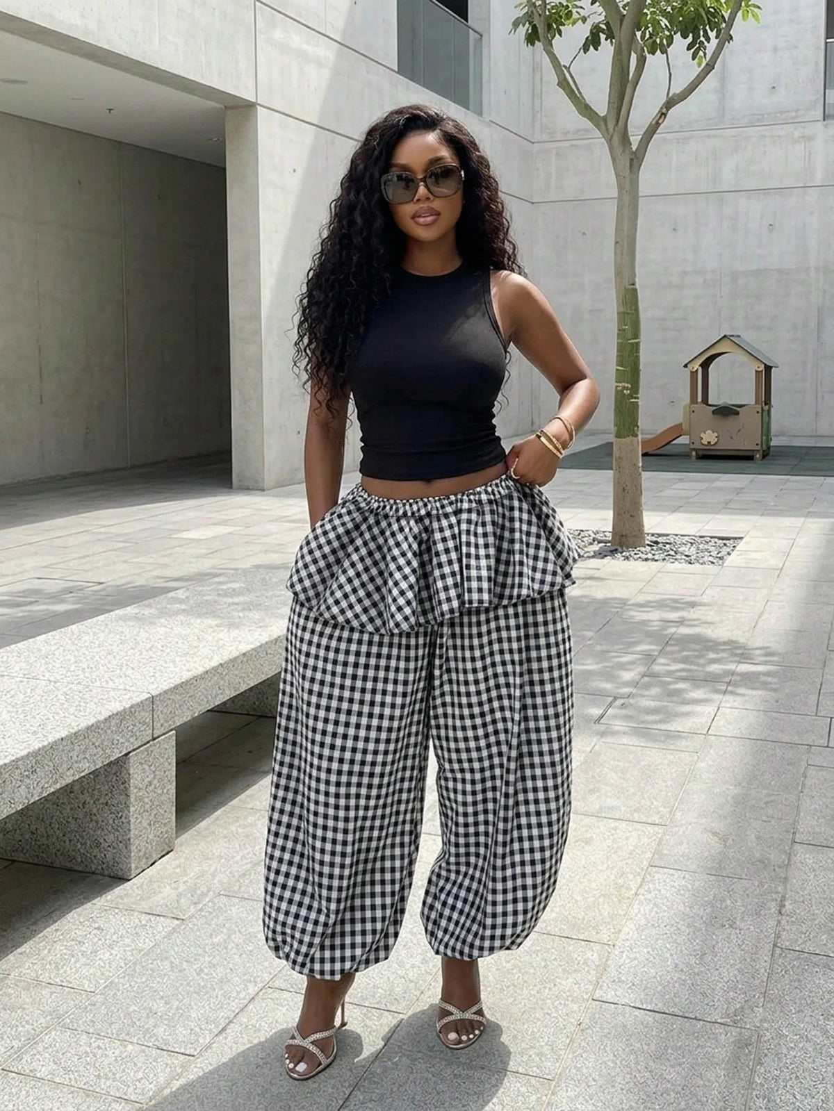 Sleeveless Top and Plaid Ruffle Pants Two Piece Set for Women