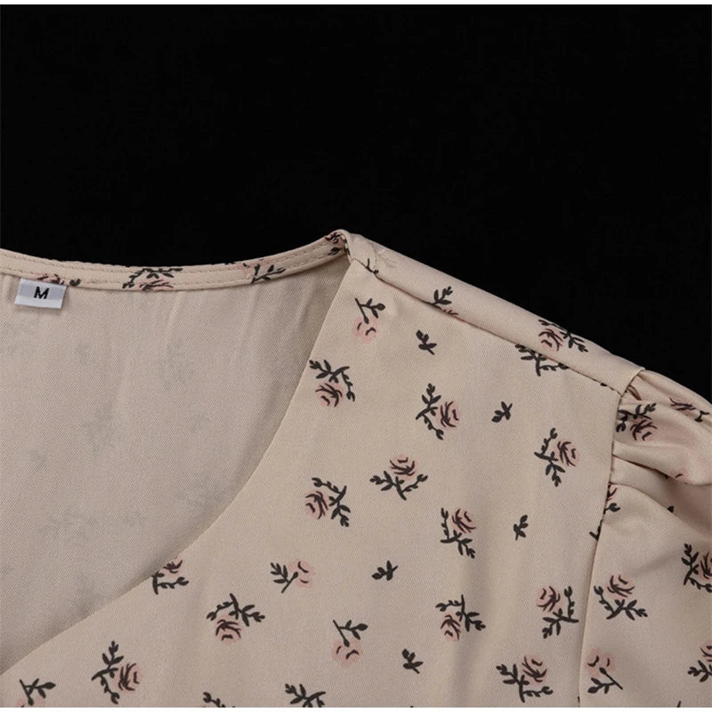 V Neck Button Lantern Sleeve Print Waistband Dress for Women