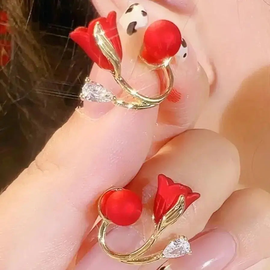 Pearl Tulip Enamel Stud Earrings With Zircon Drops for Women