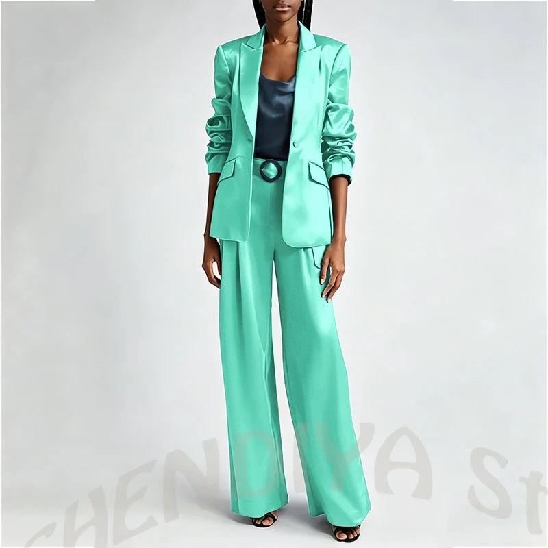 Women's Two Pieces Set Satin Peaked Lapel Elegant Fashion Single Button Straight Professional Tailor-Made Jacket with Pants