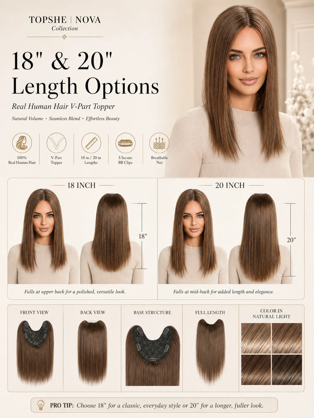 Natural Brown Straight V Part Human Hair Blend Topper for Women
