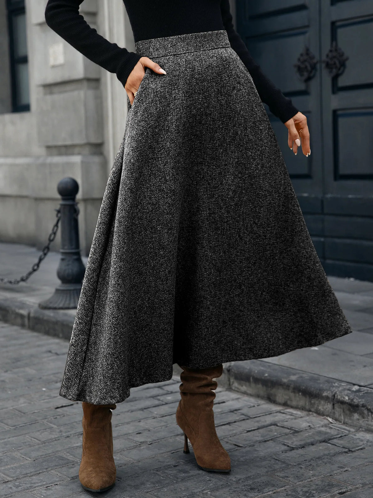 Tweed Ankle-Length A-Line Skirt with Elastic Waist for Women