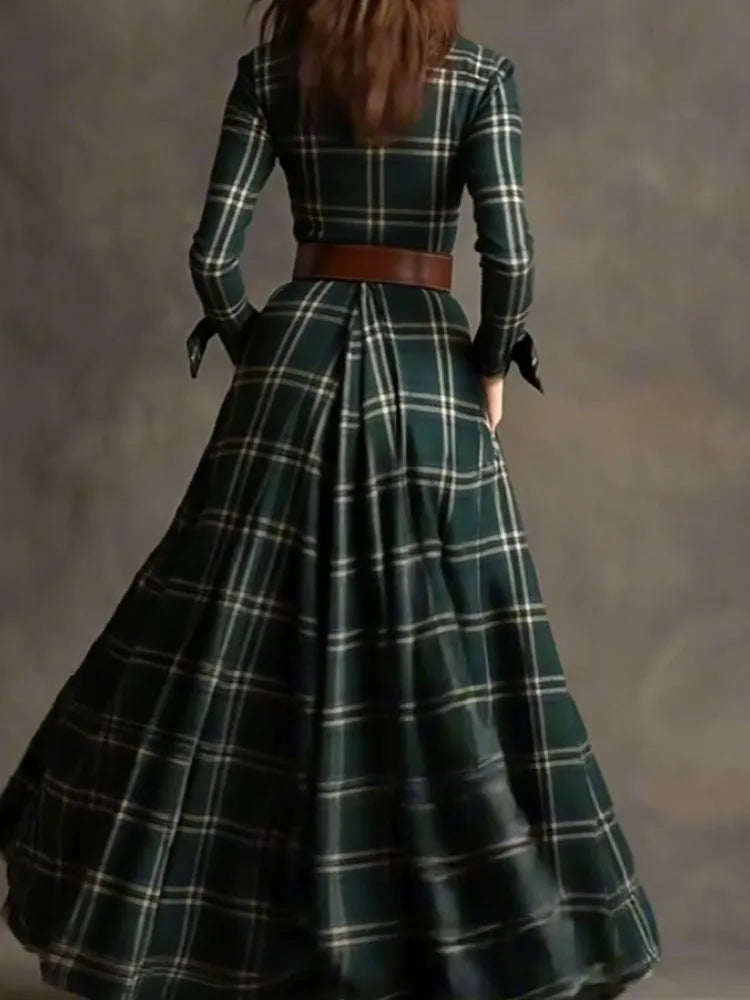 Autumn Elegant Lapel Button Long Dress Lady Casual Long Sleeve Pocket Party Dress Vintage Plaid Printed Draped Loose Shirt Dress