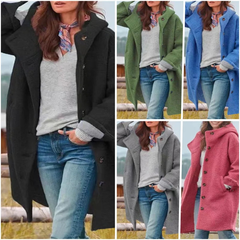 Oversized Hooded Casual Solid Color Wool Blend Coat for Women