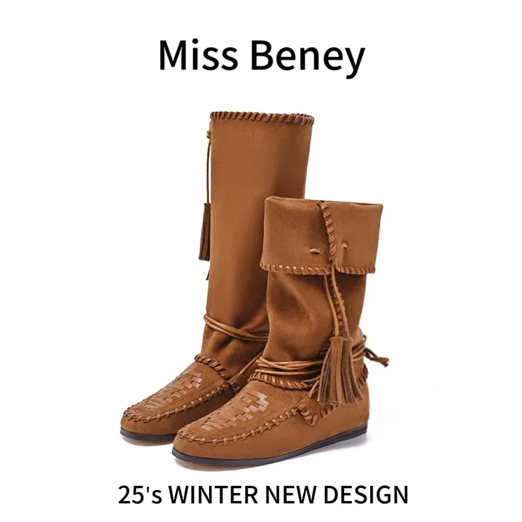 Fringe Woven Suede Mid Calf Boots With Fold Over Cuff For Women