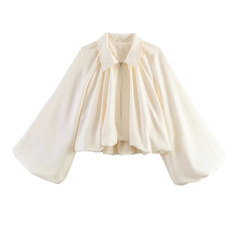 Elegant Solid Bomber Jacket With Puff Sleeves for Women