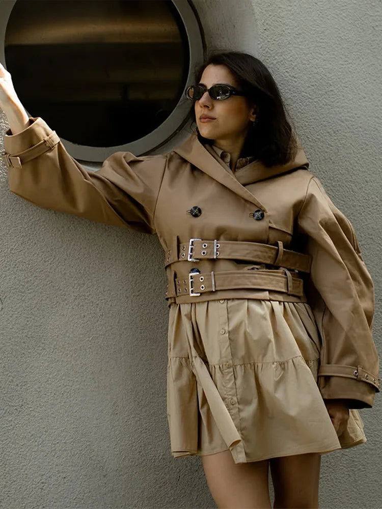 Belted Button Front Long Sleeve Short Jacket for Women