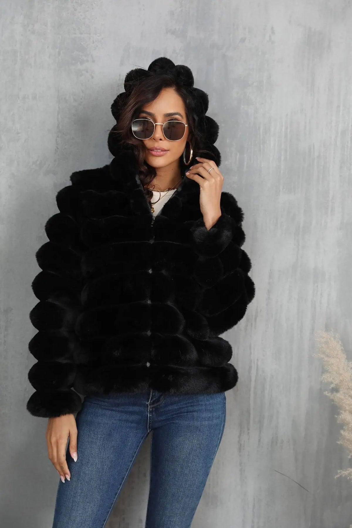 Warm Hooded Short Faux Fur Coat With Turn Down Collar for Women