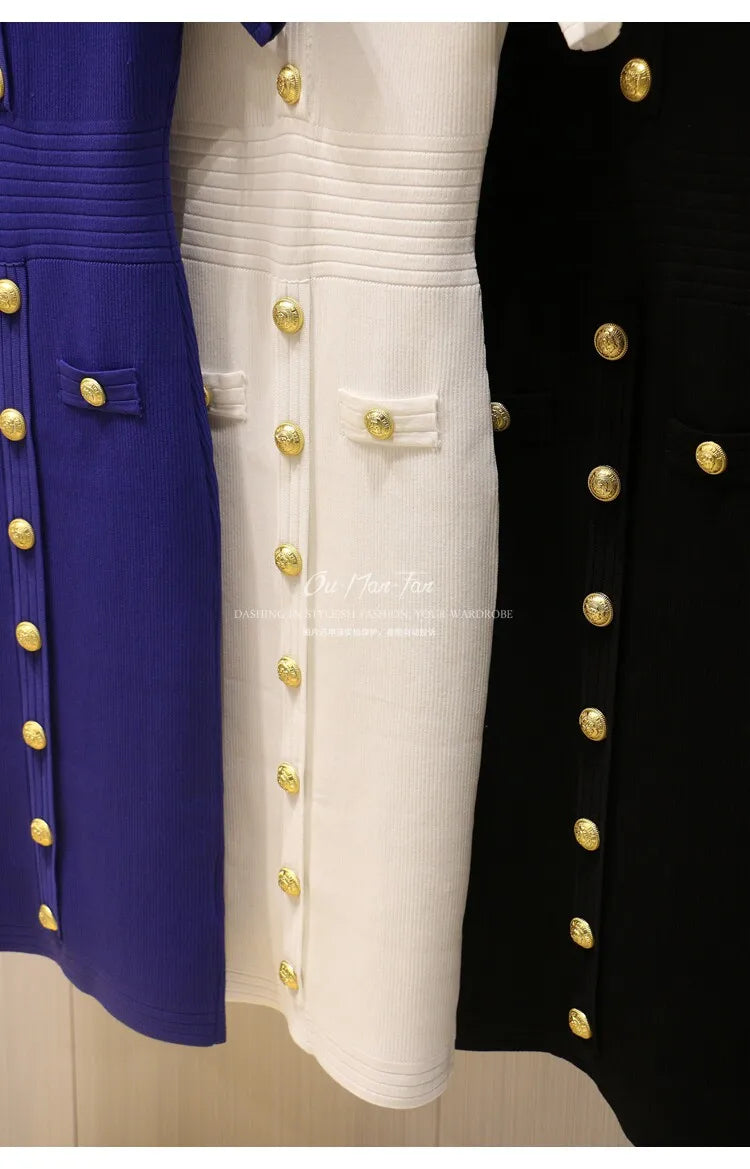 2026 Summer Fashion V-neck Metallic Buckle Knit Bodycon Midi Dress Women's Commute Slim Fit Elegant Short Sleeve Dresses