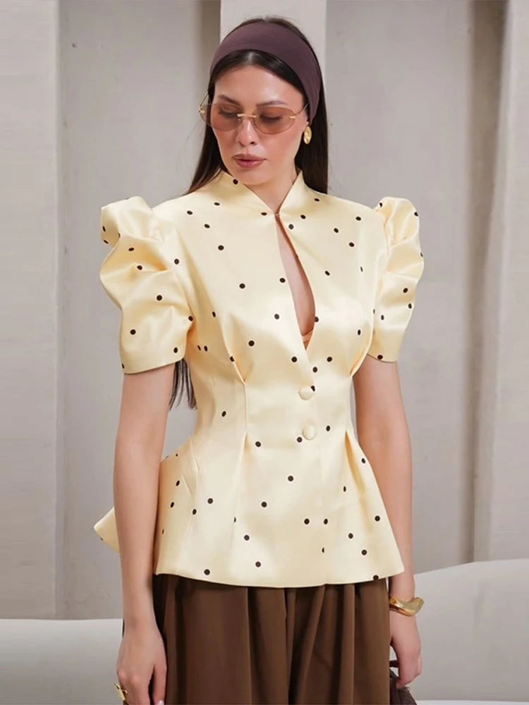 Elegant Printed Puff Sleeve Stand Collar Shirt for Women