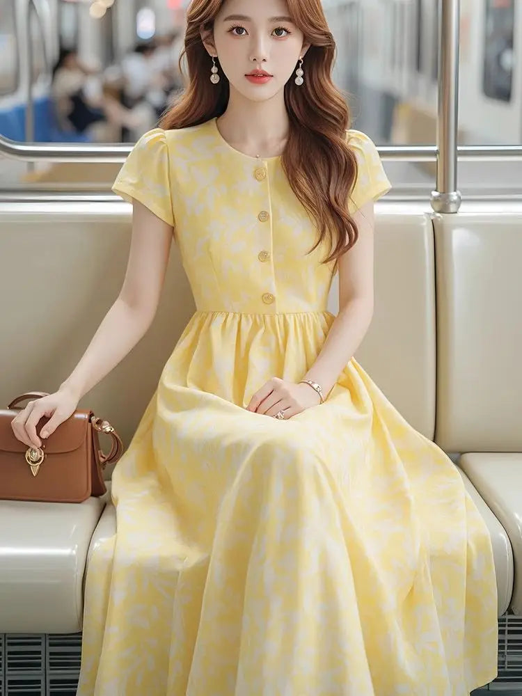 Lightweight Yellow Print Midi Dress With Cinched Waist for Women