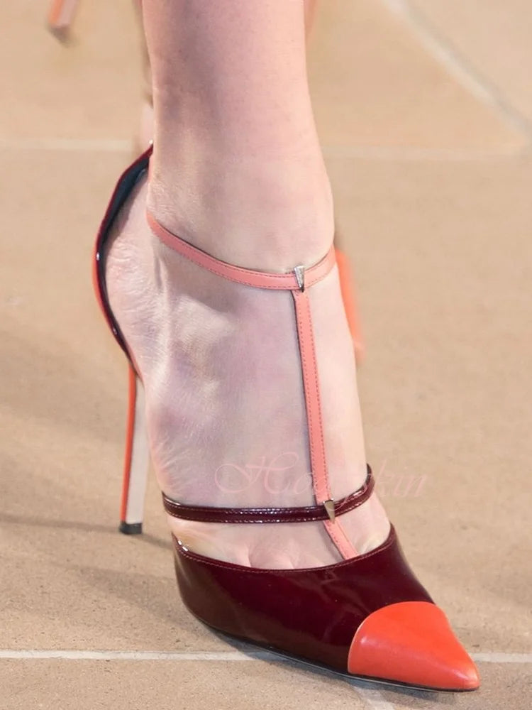 Pointed Toe Patchwork Leather Sandals With Buckle Straps for Women