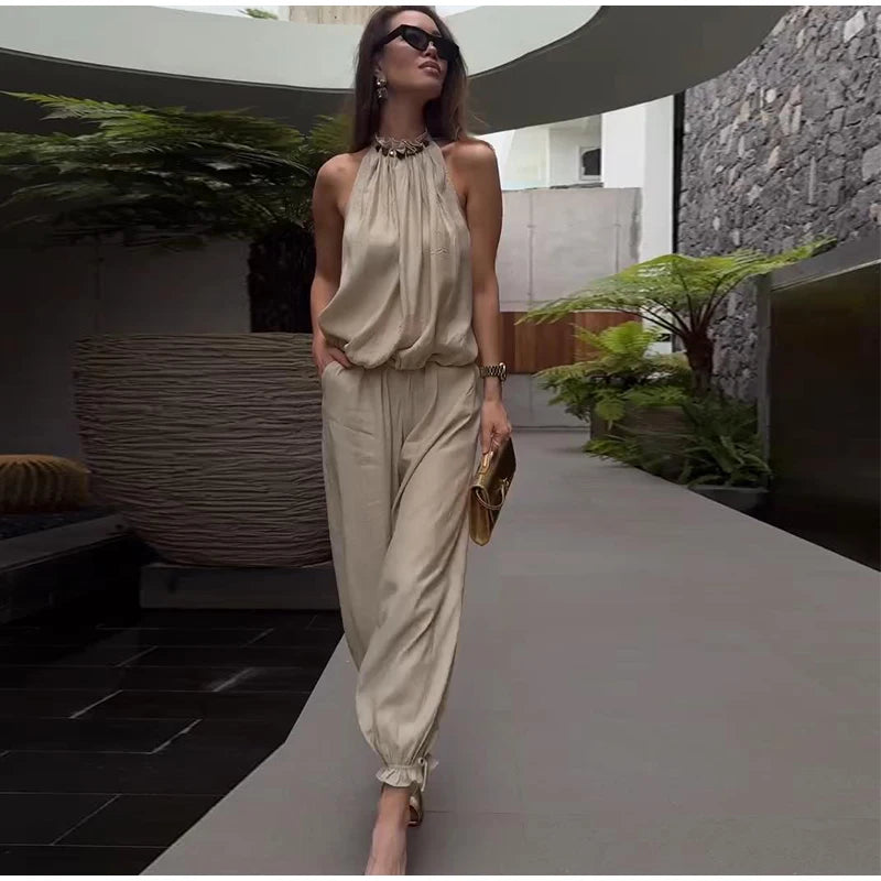 Beaded Halter Top And Lantern Pants Two Piece Set for Women