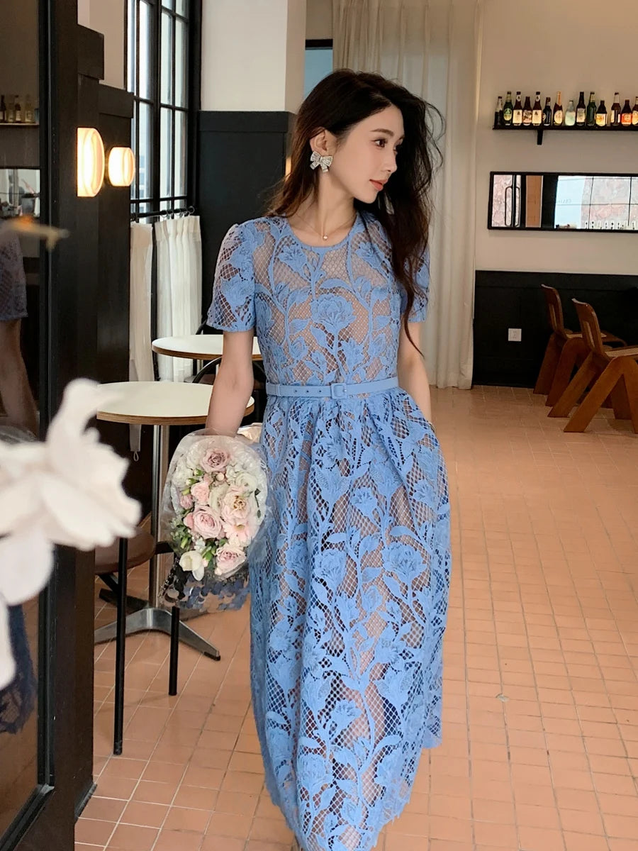 High-end Blue Heavy Lace Hollow Round Neck Short Sleeve Women's Summer Dresses New Elegant High Waist Slim Long Party Dress