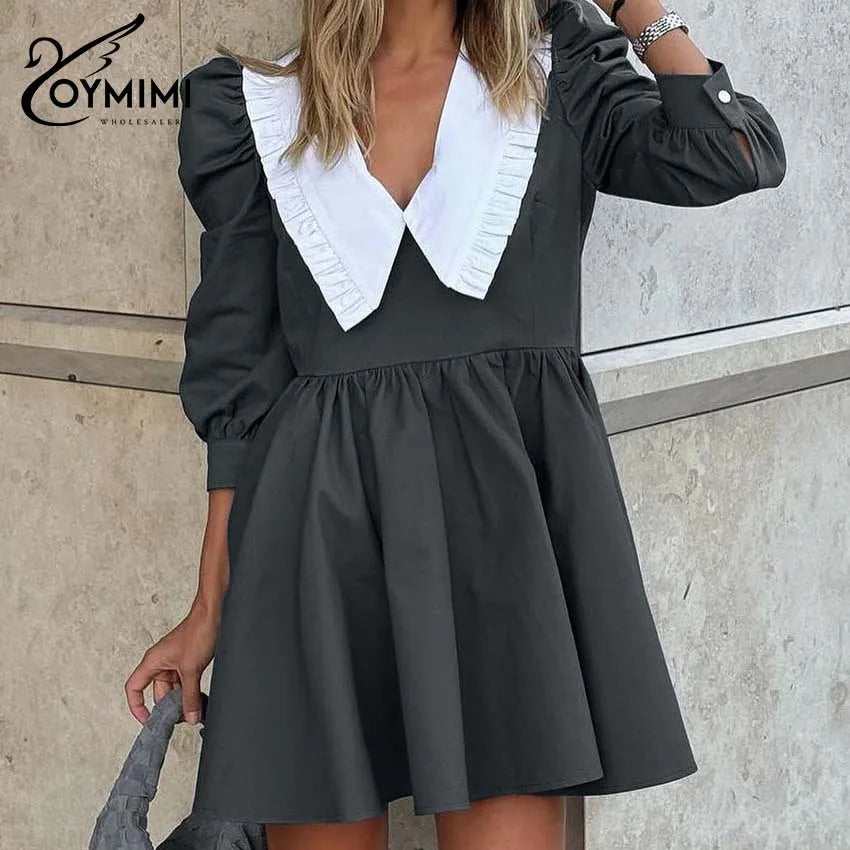 Oymimi Elegant Black Patchwork Women's Dress Casual Peter Pan Collar Three Quarter Sleeve Dresses Fashion Pleated Mini Dresses