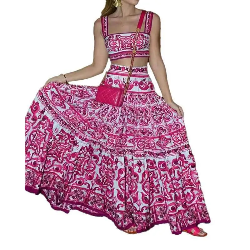 Printed Strapless Crop Top and Maxi Skirt Set for Women