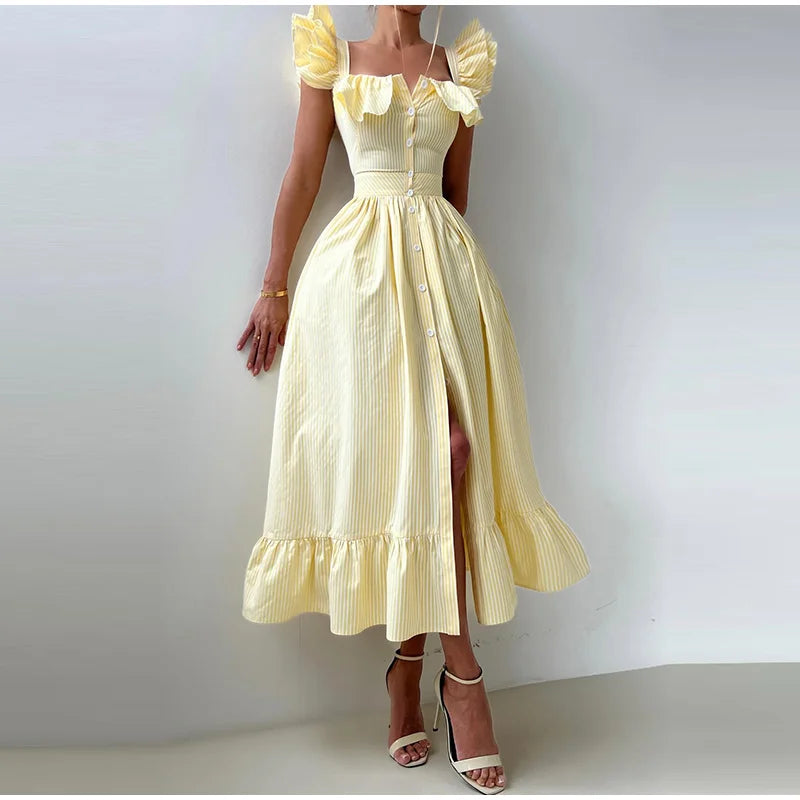 Solid Striped Fly Sleeve Women 's Dress Solid V-neck Single Breasted Draped Front Split Dressess Female Summer Lady Party Robes