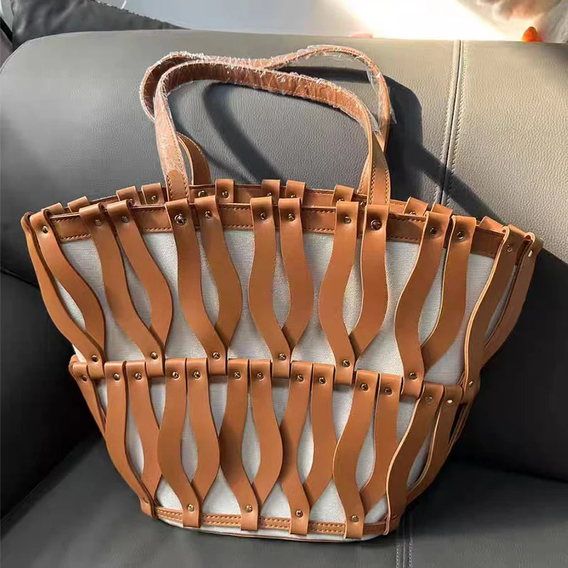 Hollow Fashion Woven Shoulder Bag Brand Retro Large Capacity Tote Bag Texture Contrast Color Canvas Handbag Beach Bag Women Bag