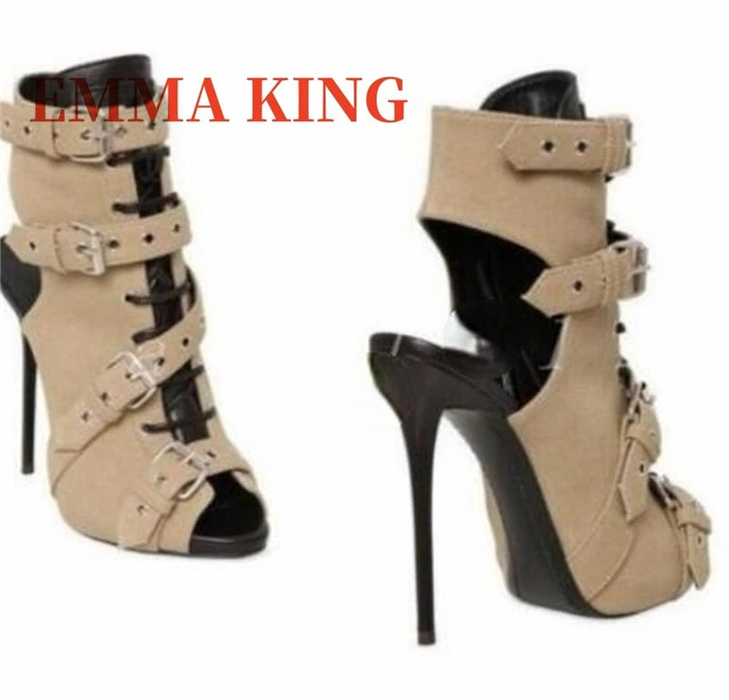 Lace Up Green Canvas Cutout Peep Toe Ankle Boots for Women