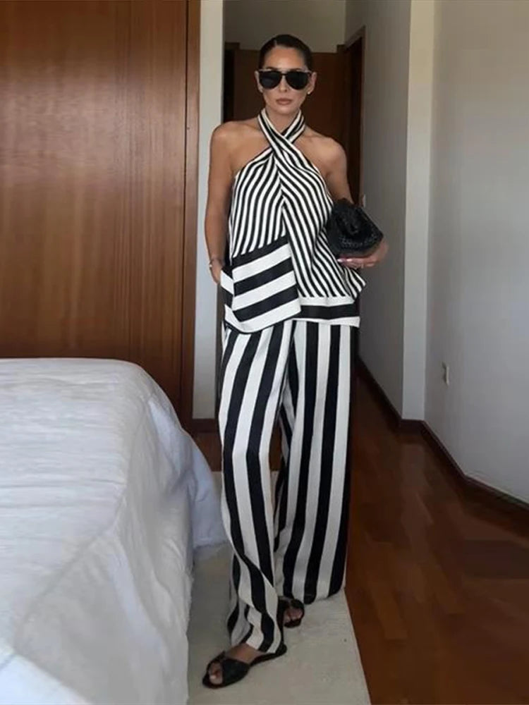 Striped Criss Cross Halter Two Piece Wide Leg Pants Set For Women