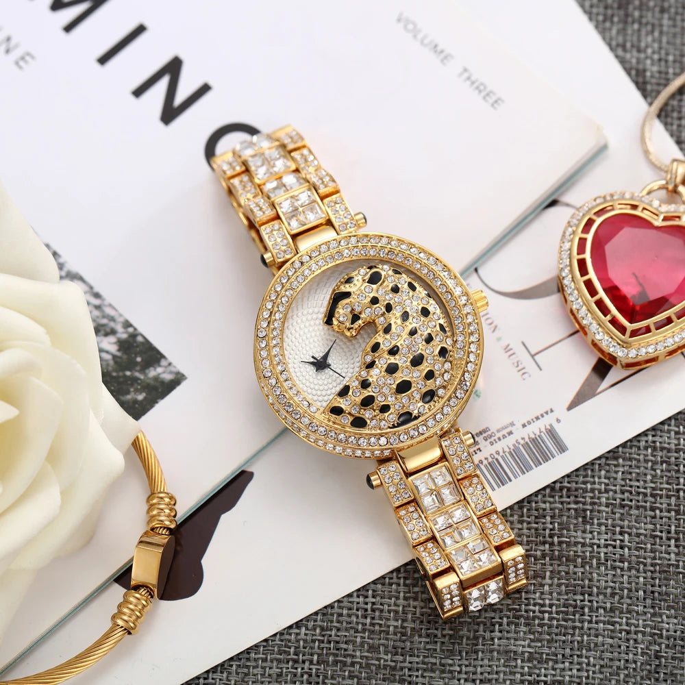 MISSFOX Women Quartz Watch Fashion Bling Casual Ladies Watches Female Quartz Gold Watch Crystal Diamond Leopard For Women Clock